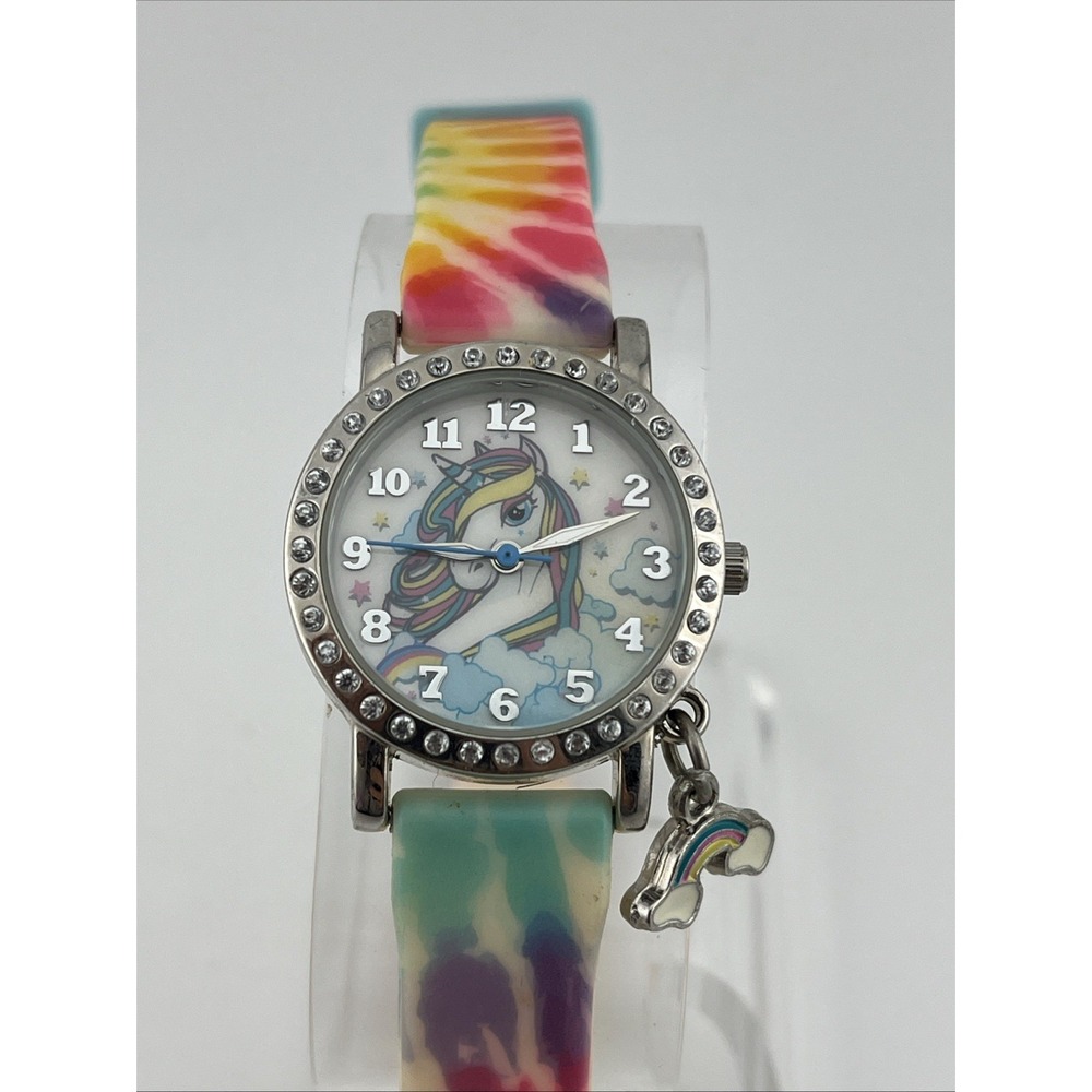 Accutime‎ Unicorn Girls Watch Colorful Silicone Band Rainbow Charm- New Battery